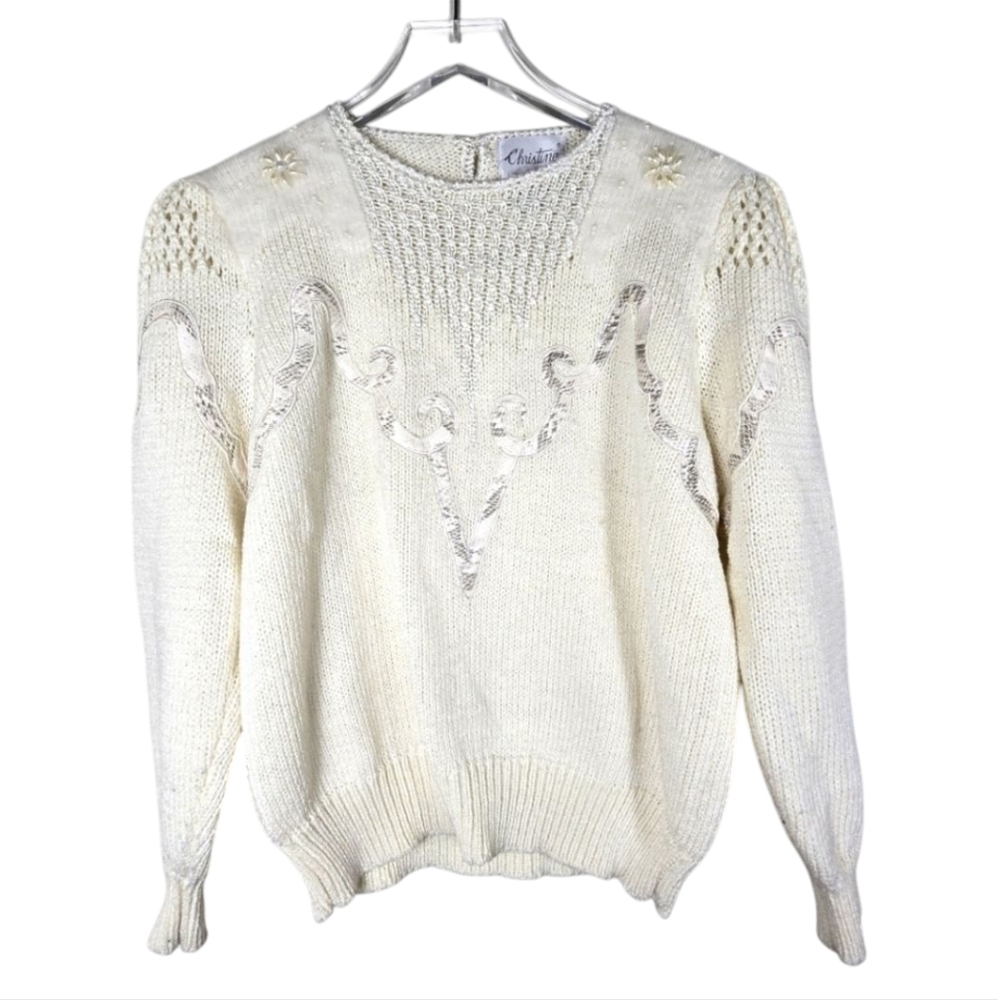 Vintage 80s Wool Blend Embellished Knit Sweater Grandmacore  L